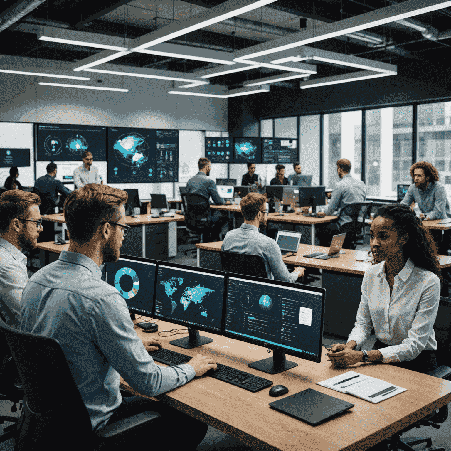 The CoreFirst team collaborating in a modern office space, showcasing diversity and technological expertise. The image depicts professionals working on computers with holographic displays of virtual card prototypes and security algorithms.