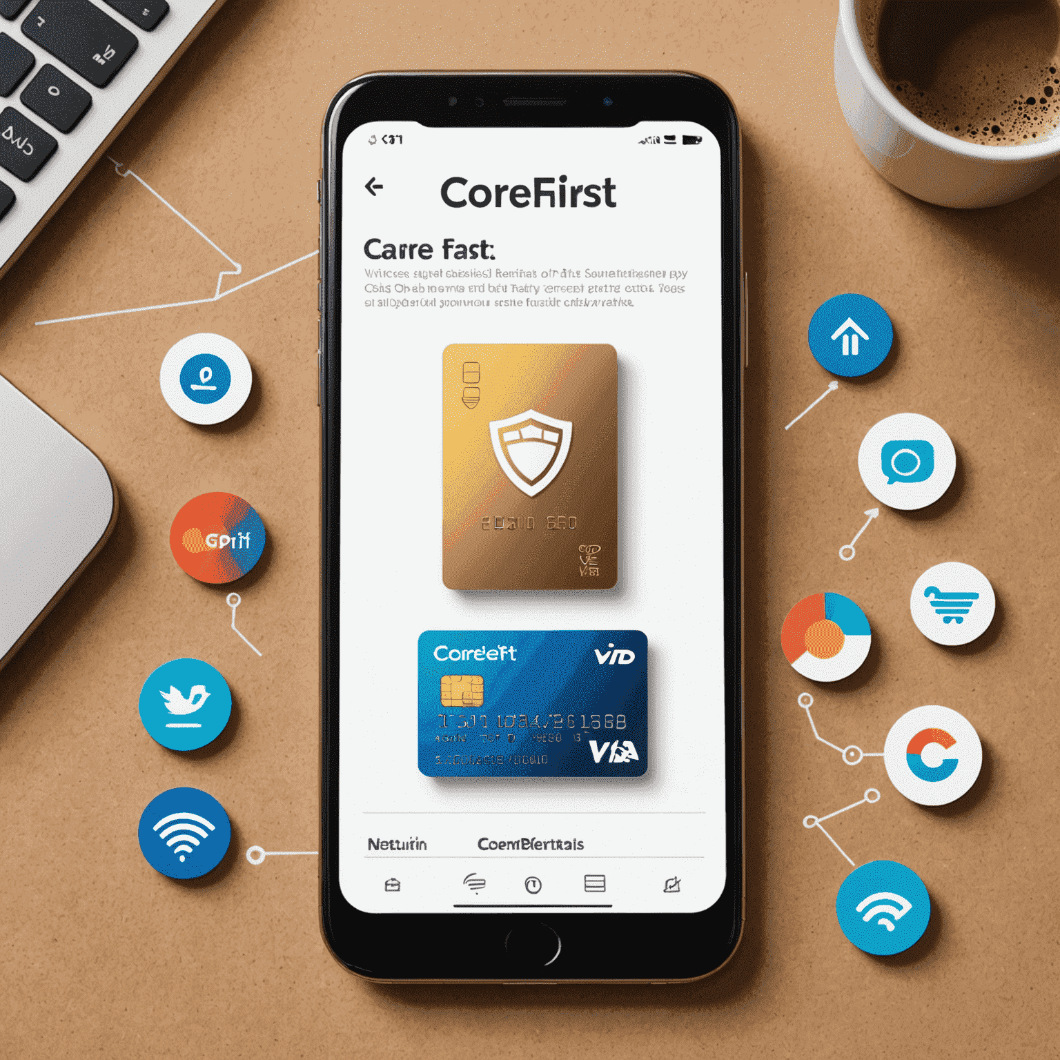 A digital representation of a CoreFirst Virtual Card floating above a smartphone, surrounded by secure payment icons and fast transaction symbols