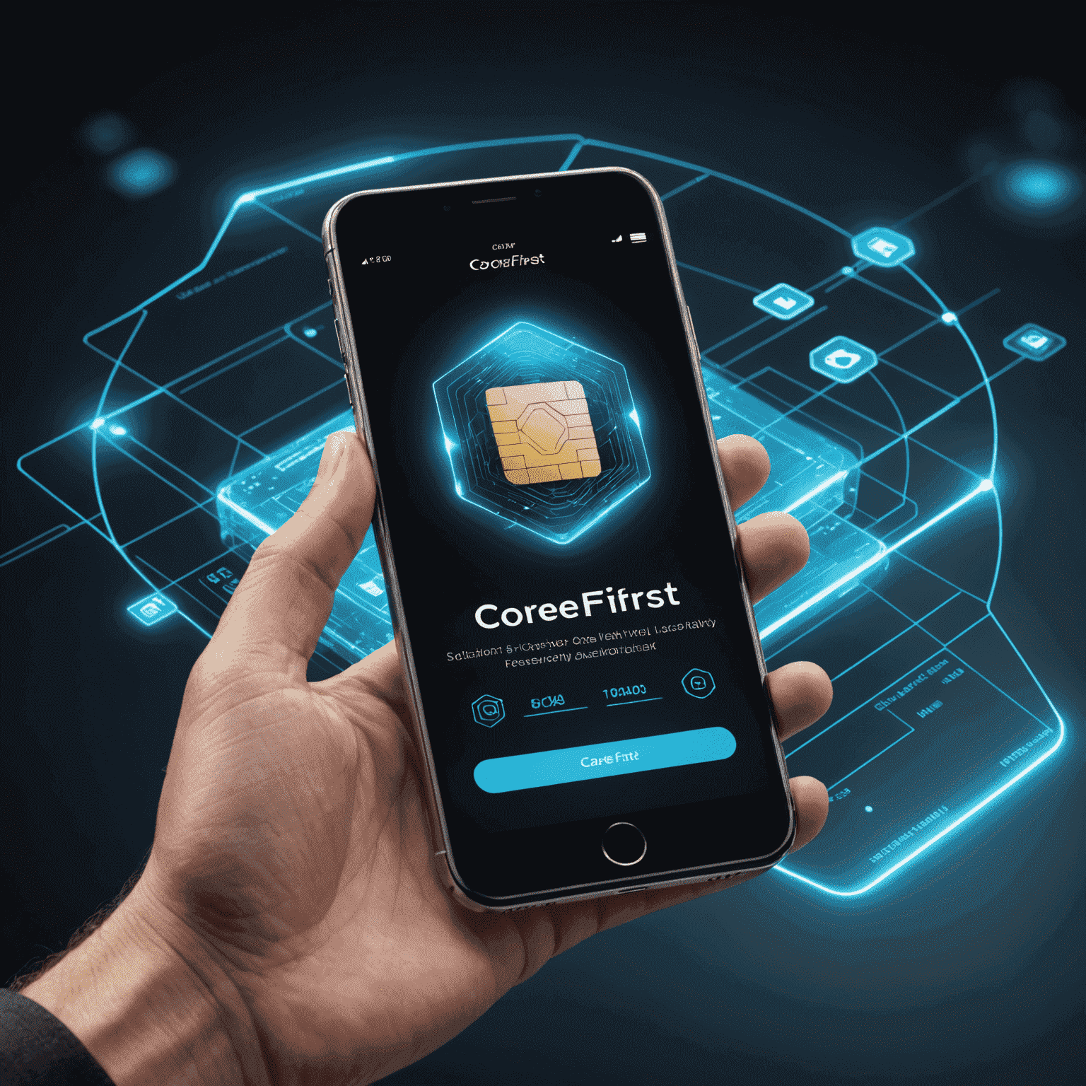 A digital representation of a CoreFirst Virtual Card floating above a smartphone, with holographic security elements and a futuristic interface showcasing the card activation process