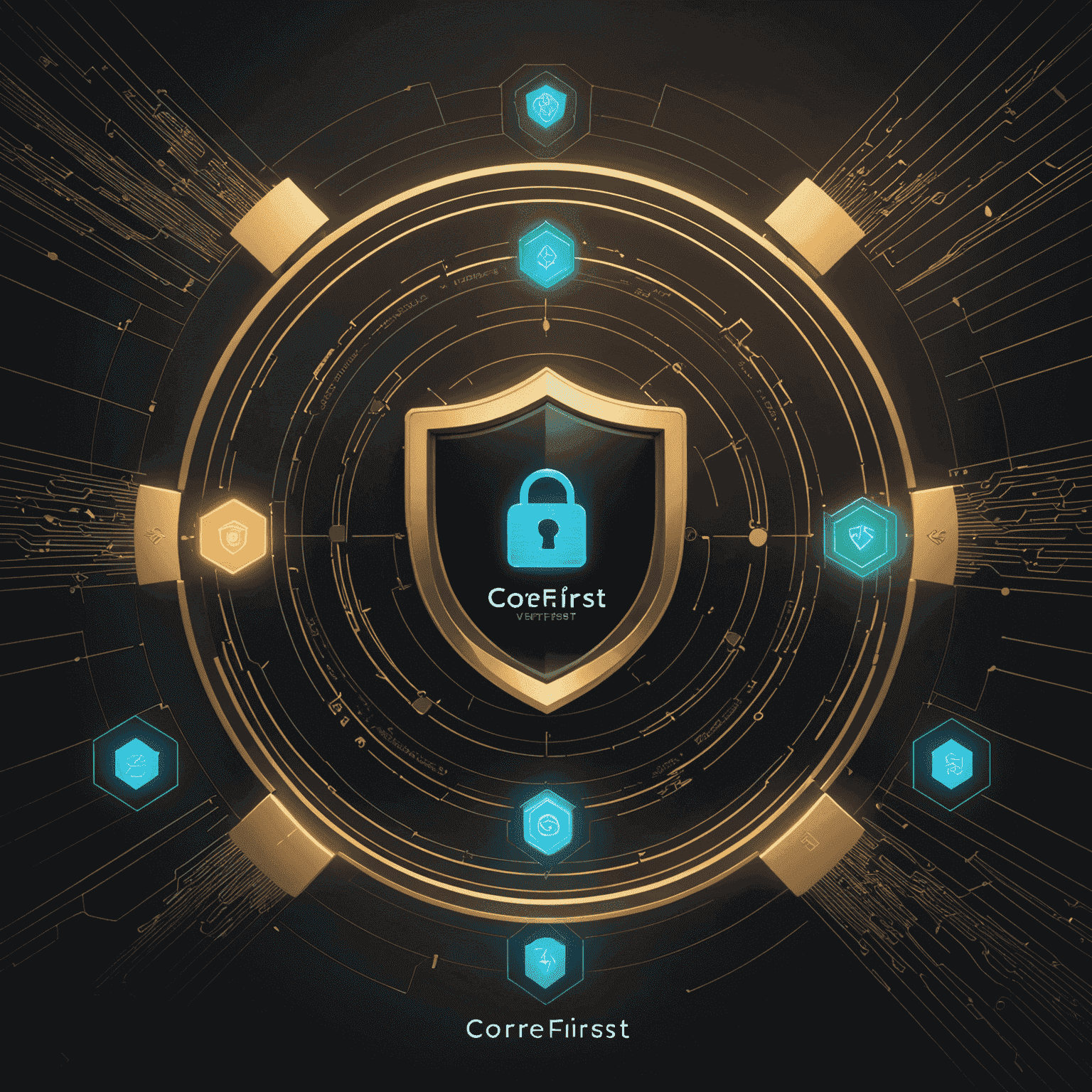 A secure digital interface showcasing CoreFirst Virtual Card's advanced security features, including encryption symbols, biometric authentication icons, and a virtual card hologram