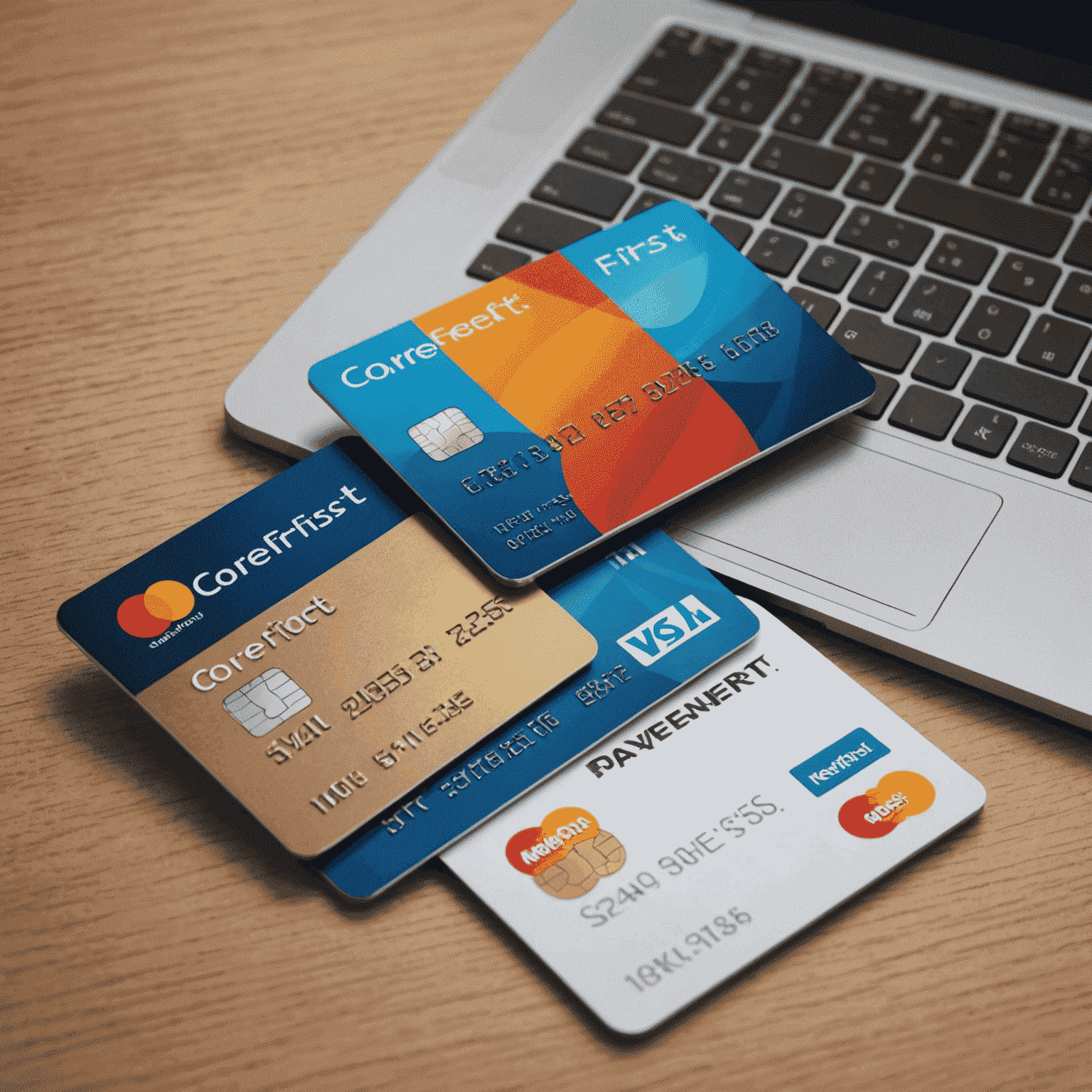 A split image showing a digital representation of CoreFirst Virtual Card on one side and traditional credit cards on the other, emphasizing the contrast between modern and conventional payment methods