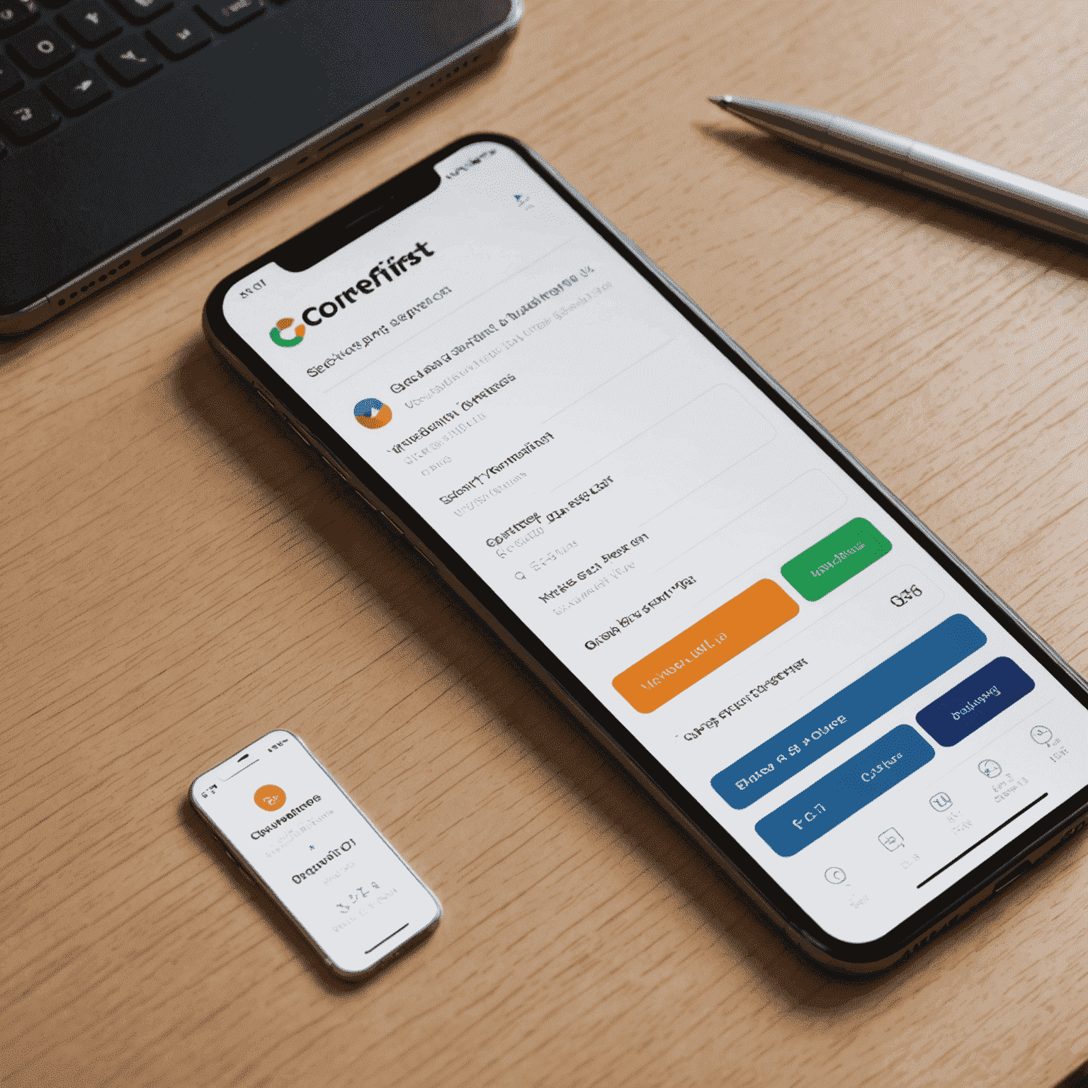 A step-by-step visual guide showing a smartphone with CoreFirst app open, displaying the process of setting up a virtual card