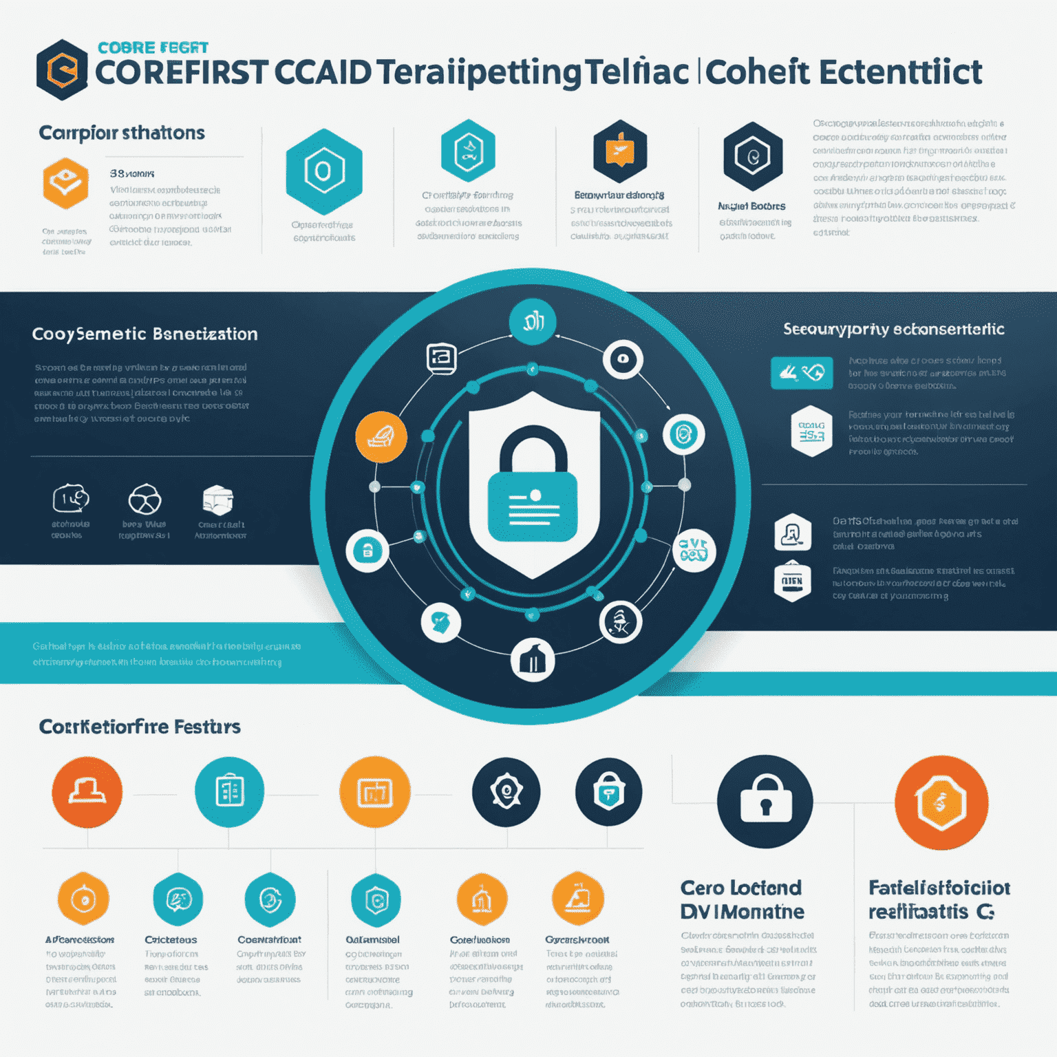 An infographic showing CoreFirst Virtual Card's security features: encryption, dynamic CVV, biometric authentication, real-time monitoring, tokenization, and geo-location controls