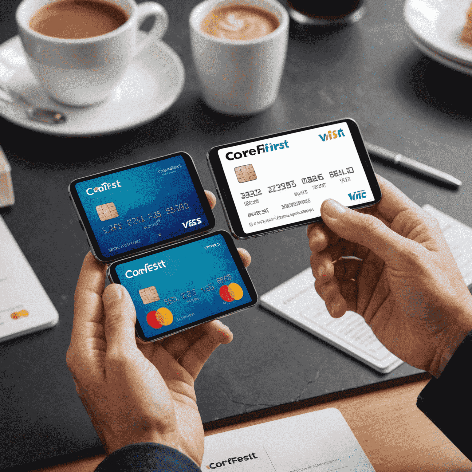 A split-screen comparison showing CoreFirst Virtual Card on one side and traditional payment methods on the other, highlighting the advantages of CoreFirst